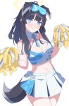  1girl absurdres animal_ears aot. black_hair blue_archive blue_eyes blunt_bangs blush breasts cheerleader cleavage closed_mouth commentary cowboy_shot detached_collar dog_ears dog_tail embarrassed eyewear_on_head halo hands_up hibiki_(blue_archive) hibiki_(cheer_squad)_(blue_archive) highres holding holding_pom_poms large_breasts long_hair looking_at_viewer midriff official_alternate_costume pom_pom_(cheerleading) ponytail shirt simple_background solo tail white_background white_shirt yellow_halo 