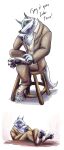 absurd_res anthro barefoot black_tie_(suit) canid canine canis clothing death_(puss_in_boots) dreamworks feet fluffy furniture grin hi_res male mammal puss_in_boots_(dreamworks) red_eyes shadow sitting smile solo spanish_text stool suit text ultimatellurker wolf