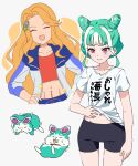  2girls :3 :d abs black_shorts blue_jacket blunt_bangs chimumu chimumu_(hamster) closed_eyes clothes_writing cone_hair_bun cowboy_shot creature_and_personification cropped_legs cropped_shirt dolldolldd double_bun exercise facing_viewer green_hair hair_bun hair_ornament hamster hand_on_own_hip highres jacket long_hair long_sleeves looking_down midriff multicolored_hair multiple_girls multiple_views open_clothes open_jacket open_mouth orange_hair pink_eyes pretty_series red_shirt shirt short_hair short_shorts short_sleeves shorts sidelocks simple_background smile sparkle star_(symbol) star_hair_ornament streaked_hair sweatdrop t-shirt waccha_primagi! white_background white_hair white_shirt yayoi_hina 