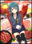  bad_id bad_pixiv_id black_legwear bowl chopsticks egg food green_hair heart heart-shaped_pupils highres imagining meat original plate purple_eyes rice rice_bowl school_uniform skirt slim_legs slippers solo soy_sauce symbol-shaped_pupils takeuchi_aya thighhighs yakiniku zettai_ryouiki 