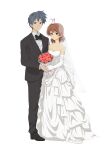  1boy 1girl absurdres antenna_hair bare_shoulders black_bow black_bowtie black_suit blue_eyes blue_hair bouquet bow bowtie breasts bridal_veil bride brown_eyes brown_hair chinese_commentary clannad cleavage closed_mouth collarbone collared_shirt commentary_request couple dress elbow_gloves flower full_body furukawa_nagisa gloves groom hetero highres holding_hands jewelry light_blush lipstick long_dress long_sleeves looking_at_viewer makeup medium_breasts medium_hair mogege_gk okazaki_tomoya red_flower red_rose ring rose shirt short_hair simple_background standing strapless strapless_dress suit veil wedding wedding_dress wedding_ring white_background white_dress white_gloves white_shirt 