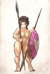  1girl abs aspis blush breasts brown_eyes brown_hair completely_nude highres holding holding_polearm holding_weapon hoplite ironlily large_breasts muscular muscular_female nude original polearm shield simple_background solo spear weapon 
