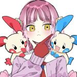  1girl arched_bangs cardigan closed_mouth eyelashes gloves hair_ornament hairclip highres ino_climate lacey_(pokemon) long_sleeves looking_at_viewer minun open_mouth pink_hair plusle pokemon pokemon_(creature) pokemon_sv shirt solo white_shirt yellow_eyes 