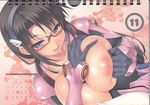  1girl areolae black_hair blue_eyes blush breast_grab breasts breasts_outside calendar collarbone dutch_angle female glasses grabbing hairband highres huge_breasts kure_masahiro large_breasts long_hair looking_at_viewer makinami_mari_illustrious neon_genesis_evangelion nipples no_bra plugsuit red-framed_glasses saliva semi-rimless_glasses shiny shiny_skin simple_background solo sweat tongue tongue_out twintails 