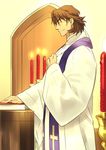  brown_eyes brown_hair candle cross fate/stay_night fate_(series) kon_manatsu kotomine_kirei male_focus priest robe solo stole 