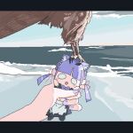  1girl apron bird blue_sky character_doll cloud commentary_request hawk horizon letterboxed lokulo-chan lokulo_no_mawashimono lowres ocean original pov pov_hands purple_nails sky solo talons twintails waist_apron 