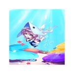  1girl :d arknights blue_eyes border bright_pupils chibi dress fish highres jellyfish long_hair looking_at_viewer nazo_no_hana open_mouth purestream_(arknights) purple_hair smile solo swimming underwater white_border white_dress white_pupils 