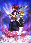  apron belt bobby_socks dress flower geta green_eyes green_hair grin hands_on_hips hat hat_ribbon height_difference highres juliet_sleeves katana kodachi long_sleeves looking_at_viewer multiple_girls night night_sky onozuka_komachi opilio puffy_short_sleeves puffy_sleeves red_hair ribbon scabbard sheath shiki_eiki short_hair short_sleeves short_sword sidelocks skirt sky smile socks spider_lily sword tabi touhou two_side_up vest waist_apron weapon yellow_eyes 