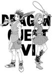  1girl barbara belt boots copyright_name dragon_quest dragon_quest_vi dress earrings fingerless_gloves gloves greyscale hero_(dq6) high_ponytail jewelry monochrome ooshima_towa scabbard sheath short_dress short_hair smile spiked_hair sword weapon whip 