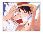  10nemuiyo 1boy :d alternate_form black_eyes black_hair closed_eyes cloud_hair curly_eyebrows gear_fifth hand_on_own_head hat male_focus monkey_d._luffy multiple_views official_alternate_hairstyle one_piece open_mouth portrait reaching reaching_towards_viewer scar scar_on_cheek scar_on_face short_hair smile spoilers straw_hat teeth thick_eyebrows white_hair 