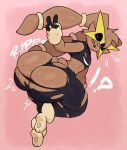 absurd_res anthro big_butt biped bodily_fluids brown_body butt fur hi_res huge_butt male mega_evolution mega_lopunny nintendo open_mouth pink_background pokemon pokemon_(species) simple_background solo sweat thick_thighs virito