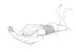  1girl barefoot commentary dithering face_in_pillow feet_up full_body highres holding holding_phone lineart long_hair lying monochrome nmicomic on_bed on_stomach original phone pillow shadow shirt shorts simple_background solo 