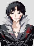  1boy absurdres black_eyes black_hair blood blood_on_face chain chrollo_lucilfer closed_mouth collarbone commentary earrings grey_background highres hunter_x_hunter jewelry looking_at_viewer male_focus parted_bangs short_hair simple_background solo tsukuno_tsuki upper_body 