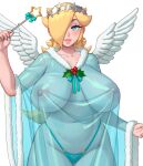  1girl angel_wings blonde_hair blue_eyes blue_ribbon breasts breasts_apart closed_mouth commentary covered_navel covered_nipples cowboy_shot earrings english_commentary feathered_wings fur_trim hair_over_one_eye highleg highleg_panties highres holding holding_wand holly huge_breasts jewelry lips looking_at_viewer mario_(series) nail_polish panties ribbon riz rosalina see-through simple_background solo star_(symbol) underwear wand white_background white_wings wings 