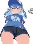  1boy 1girl arms_behind_back baseball_cap big_man_(splatoon) blue_eyes blue_hair breasts commentary_request dolphin_shorts from_below hat highres inkling inkling_girl looking_at_viewer naitou_kouse pointy_ears short_shorts shorts small_breasts splatoon_(series) splatoon_3 tentacle_hair upshorts 