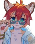  1boy adjusting_eyewear animal_ears claws commentary_request furry furry_male hand_on_eyewear highres hood hooded_jacket jacket lion_boy lion_ears looking_at_viewer male_focus pawpads skoll_(skollchan) smile theo_(world_flipper) upper_body white_background world_flipper 