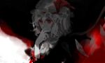  1girl ascot blood blood_on_arm commentary_request fingers_to_mouth flandre_scarlet hair_between_eyes hand_up hat hat_ribbon kaigen_1025 medium_hair mob_cap red_eyes red_ribbon ribbon solo spot_color touhou wings 