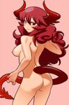  ass back breasts demon_girl demon_tail eyelashes from_behind highres holding_own_tail horns long_hair maou_beluzel matsuda_yuusuke medium_breasts nipples nude red_eyes red_hair smile solo tail yuusha_to_maou 