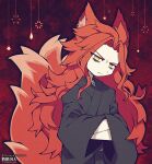  1boy angry animal_ears artist_name bags_under_eyes black_kimono closed_mouth colored_skin commission commissioner_name cowboy_shot crossed_arms fox_boy fox_ears fox_tail funamusea_(artist) hair_intakes highres japanese_clothes kimono long_hair long_sleeves looking_at_viewer male_focus orange_hair original red_background skeb_commission solo tail white_skin yellow_eyes 