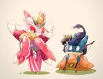  animal_focus arrow_(projectile) artist_name bow_(weapon) closed_mouth clothed_pokemon commentary_request fangs folding_fan hair_ornament hair_stick hand_fan highres holding holding_arrow holding_bow_(weapon) holding_fan holding_weapon japanese_clothes kimono lurantis munchlax no_humans pink_eyes pokemon pokemon_(creature) simple_background twitter_username weapon white_background zozozoshion 