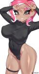  agent_8_(splatoon) arms_up ass breasts covered_nipples double_v highres jtveemo large_breasts legband leotard long_sleeves non-web_source number_tattoo octoling octoling_girl pubic_tattoo smile splatoon_(series) tattoo tentacle_hair thick_thighs thighs v 