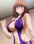  1girl blush breasts dakara_boku_wa_h_ga_dekinai glasses highres large_breasts ookura_mina purple_eyes sling_bikini swimsuit 