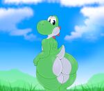 absurd_res adeviantcritter ambiguous_gender anthro big_butt blue_sky butt butt_focus cloud detailed_background digital_media_(artwork) grass green_body hi_res huge_butt looking_at_viewer looking_back looking_back_at_viewer mario_bros nature nature_background nintendo nude plant rear_view short_tail sky solo tail thick_thighs white_body wide_hips yoshi