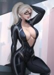  1girl ass black_cat_(marvel) bodysuit breasts cleavage felicia_hardy flowerxl large_breasts looking_at_viewer marvel mask pervert ponytail solo thick_thighs thighs white_hair 