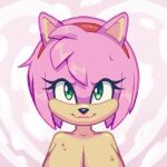 absurd_res accessory amy_rose anthro big_breasts bodily_fluids breasts cleavage clothed clothing eulipotyphlan female freakedred fur green_eyes hair_accessory hairband heart_background hedgehog hi_res lipstick makeup mammal pink_body pink_fur sega smile solo sonic_the_hedgehog_(series) sweat