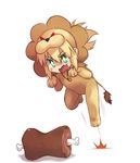  1girl animal_costume artoria_pendragon_(all) blonde_hair boned_meat cosplay drooling fate/apocrypha fate/tiger_colosseum fate_(series) food green_eyes highres jewelry jumping light_trail lion_costume meat mordred_(fate) mordred_(fate)_(all) necklace red_eyes saber_lion saber_lion_(cosplay) solo tail tusia 