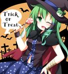 alternate_color bandages bat blush breasts candy cape church creta_(taku10) cross food frog_hair_ornament green_eyes green_hair hair_ornament hair_tubes halloween hat kochiya_sanae lollipop long_hair medium_breasts one_eye_closed open_mouth skirt sleeveless smile snake_hair_ornament solo text_focus touhou trick_or_treat witch witch_hat 
