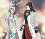  1boy 1girl aerith_gainsborough aerith_gainsborough_(fairy_of_snowfall) black_gloves blue_nails blurry blurry_background coat corsage dress final_fantasy final_fantasy_vii final_fantasy_vii_ever_crisis fingerless_gloves flower fur_trim gloves happy_holidays hat highres holding_hands long_coat looking_at_another mochimochi1082 official_alternate_costume smile suit thighhighs winter_clothes winter_coat zack_fair zack_fair_(holiday_suit) 