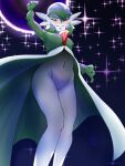 blush bottomless clothed clothing energy_ball female gardevoir gem generation_3_pokemon green_body green_hair hair humanoid low-angle_view nahadon navel nintendo pokemon pokemon_(species) raised_arm red_eyes smile solo upskirt