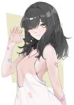  1girl absurdres adomiwan animal_on_shoulder bandaid bandaid_on_arm bare_shoulders black_cat black_hair blush breasts cat cat_on_shoulder claw_pose closed_mouth dress emi_(adomiwan) expressionless eyes_visible_through_hair hair_over_one_eye hair_over_shoulder hand_up highres long_hair medium_breasts original sideboob sleeveless sleeveless_dress two-tone_dress yellow_eyes 