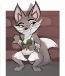 anthro arm_wraps blush blush_lines bra brick_wall canid canine clothing crouching dreamworks feeling_up_self female feral fox grey_body hi_res honeymono kung_fu_panda leaning_on_wall looking_at_viewer mammal panties smile smiling_at_viewer smirk smirking_at_viewer solo squatting_position torn_clothing underwear wall_(structure) wraps