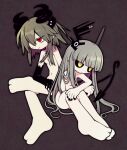  2girls barefoot black_hands black_sclera black_tail blonde_hair blunt_bangs breasts brown_background colored_sclera commission completely_nude demon_horns demon_tail earrings feet funamusea funamusea_(artist) grey_hair hair_over_breasts hair_over_one_eye hanten_(sutare_yume) horns implied_yuri jewelry kurotsuno multiple_girls nude official_art pointy_ears red_eyes scar scar_on_chest skeb_commission small_breasts sutare_yume tail white_nails yellow_eyes 