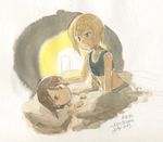  artist_name blonde_hair blue_eyes brown_eyes brown_hair dated erica_hartmann graphite_(medium) hand_on_another's_head kanokoga lamp looking_at_another looking_away lying miyafuji_yoshika multiple_girls short_hair smile strike_witches traditional_media under_covers underwear watercolor_(medium) world_witches_series 