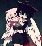  1boy 1girl angel_wings animal_ears artist_name bags_under_eyes bandaged_arm bandages bare_shoulders black_hair black_shirt breast_hold breasts bright_pupils cat_boy cat_ears choker cleavage closed_mouth colored_skin commission cross disdain dress empty_eyes fang feathered_wings funamusea_(artist) green_eyes grey_background hair_between_eyes highres interspecies large_breasts looking_at_another open_mouth original red_eyes sexually_suggestive shirt short_dress skeb_commission splatter white_choker white_hair white_pupils white_skin wings 