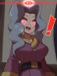  ! 1girl :d alpha_pokemon belt black_belt blue_hair blush breasts buttons collarbone commentary_request glowing glowing_eyes hair_bun highres jacket kurachi_mizuki large_breasts long_hair long_sleeves looking_at_viewer open_mouth pink_eyes pokemon pokemon_legends:_arceus purple_jacket sanqua_(pokemon) single_hair_bun smile solo sweat upper_body 