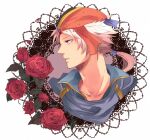  bandana beads blue_cape blue_shirt cape collared_shirt commentary_request cropped_shoulders final_fantasy final_fantasy_ii firion flower forehead_jewel hair_tie high_collar lace lace_background leaf long_hair looking_to_the_side low_ponytail minatoya_mozuku orange_bandana parted_lips petals red_flower red_rose rose shirt upper_body white_hair yellow_eyes 