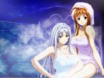  2girls ahoge antenna_hair armpits blue_eyes breasts brown_eyes brown_hair cleavage fingernails grin highres impossible_towel large_breasts long_fingernails long_hair multiple_girls nail naked_towel natsume_aya natsume_maya onsen photoshop purple_hair scan siblings sisters sitting smile steam tenjou_tenge thighs towel very_long_hair wallpaper water watermark wet 