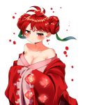  1girl antenna_hair blush braid braided_bun breasts cleavage closed_mouth cookie_run double_bun gem hair_bun hair_ornament highres humanization japanese_clothes kimautomne kimono large_breasts leaf_hair_ornament looking_at_viewer medium_breasts personification pomegranate_cookie red_eyes red_gemstone red_hair red_kimono short_hair skirt solo wide_sleeves 
