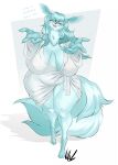 anthro bathrobe big_breasts blue_body blue_fur blue_hair breasts cheek_tuft chubby_anthro chubby_female clothing dialogue dullvivid eeveelution english_text eyes_closed eyewear facial_tuft female fur generation_4_pokemon glaceon glasses hair hi_res huge_breasts neck_tuft nintendo nipple_outline open_mouth open_smile pokemon pokemon_(species) robe slightly_chubby smile solo text thick_thighs tuft wide_hips