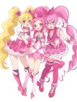  3girls :d absurdres black_socks blonde_hair blue_eyes blush boots bow bow_hairband choker commentary crossover cure_blossom cure_melody cure_peach curly_hair detached_sleeves dot_nose dress dress_bow earrings flower_earrings footwear_bow forehead fresh_precure! frilled_dress frilled_sleeves frills full_body hair_between_eyes hair_bow hair_ornament hairband hand_on_another&#039;s_shoulder happy heart heart_earrings heart_hair_ornament heartcatch_precure! high_heels high_ponytail highres in-franchise_crossover jewelry layered_dress layered_skirt long_hair looking_at_viewer midriff multiple_girls nemuiyoo00 open_mouth own_hands_together pink_bow pink_choker pink_dress pink_eyes pink_footwear pink_shirt pink_skirt pink_thighhighs precure puffy_short_sleeves puffy_sleeves raised_eyebrows shirt shoes short_dress short_sleeves simple_background skirt smile socks standing steepled_fingers straight_hair suite_precure symbol-only_commentary thighhighs tsurime twintails very_long_hair white_background white_footwear white_skirt wrist_cuffs zettai_ryouiki 