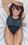  1girl :d arm_support azumanga_daioh bed_sheet black_one-piece_swimsuit blush breasts brown_eyes brown_hair code_null collarbone commentary commission cowboy_shot dark-skinned_female dark_skin from_above hand_on_own_head hand_up highleg highleg_swimsuit kagura_(azumanga_daioh) large_breasts leaning_back looking_at_viewer looking_up new_school_swimsuit on_bed one-piece_swimsuit open_mouth school_swimsuit shading_eyes short_hair sitting skeb_commission smile solo swimsuit tan thigh_gap thighs 