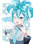  &gt;_&lt; 1girl absurdres aqua_bow aqua_eyes aqua_hair aqua_necktie blue_background blush border bow cinnamiku cinnamoroll collared_shirt commentary detached_sleeves grey_shirt hair_between_eyes hair_bow hatsune_miku heart heart-shaped_pupils heart_background highres index_finger_raised long_sleeves necktie one_eye_closed open_mouth outline outside_border pointing pointing_at_self sanrio shirt sidelocks sleeveless sleeveless_shirt solo symbol-shaped_pupils tsukuno_tsuki vocaloid white_border white_outline 