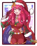  blue_cape bodysuit cape christmas facial_mark fire_emblem fire_emblem_engage hair_ornament hat highres holly holly_hair_ornament hoshinokotta ice_pick multicolored_cape multicolored_clothes red_bodysuit red_cape sack santa_hat star_(symbol) star_facial_mark star_hair_ornament star_print two-tone_cape yunaka_(fire_emblem) yunaka_(fire_emblem)_(spirited_envoy) 