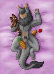 alien anthro blush carrot container ear_blush female food frostedscales fur genitals grey_body grey_fur hi_res holding_object holding_plushie jar looking_at_viewer lying mammal navel neck_tuft nude on_back plant plushie pubes pussy seductive solo tail tail_tuft the_nature_of_predators tuft vegetable venlil_(the_nature_of_predators) yellow_eyes