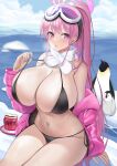  1girl absurdres bikini bird black_bikini blue_archive blush breasts eimi_(blue_archive) eimi_(swimsuit)_(blue_archive) goggles goggles_on_head halo highres huge_breasts jacket jinpaitugounan long_hair looking_at_viewer navel official_alternate_costume open_clothes open_jacket penguin pink_eyes pink_halo pink_jacket ponytail scarf ski_goggles solo swimsuit 