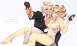  2girls ahoge ahoge_girl_(23) aiming_at_viewer asymmetrical_docking bare_legs bare_shoulders blonde_hair blue_eyes breast_press breasts cleavage commentary_request couple covered_nipples dark-skinned_girl_(23) dark_skin earrings finger_on_trigger formal gloves good_end gun handgun high_heels highres james_bond_(series) jewelry large_breasts legs lips long_hair looking_at_viewer multiple_girls navel open_mouth original sandals shoes short_hair silver_hair simple_background skyfall smile suit taurus taurus_millennium_g2 taurus_pt111_g2 translated trigger_discipline walther walther_ppk weapon white_background white_gloves wife_and_wife yuri 